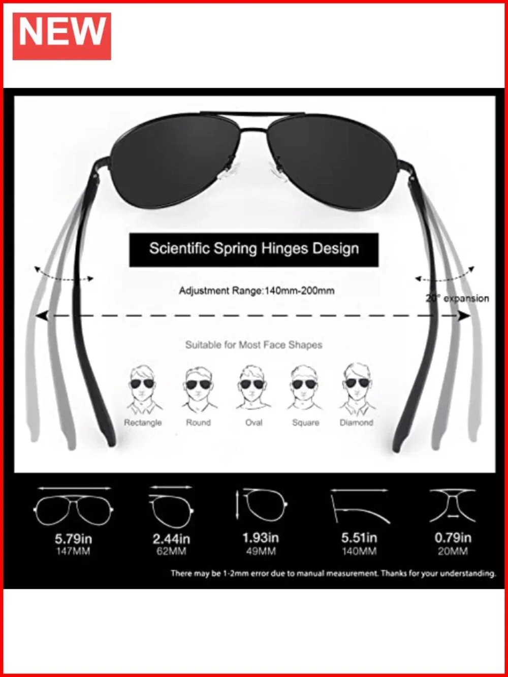 Classic Military Style Pilot Polarized Sunglasses Spring Hinge Al-Mg